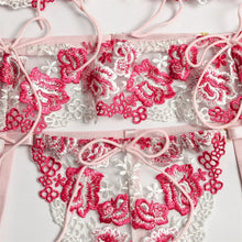 Charger l&#39;image dans la galerie, Flower Embroidery Bra Thin Lace Mesh Perspective Underwear Garter Thong Three-Piece Set
