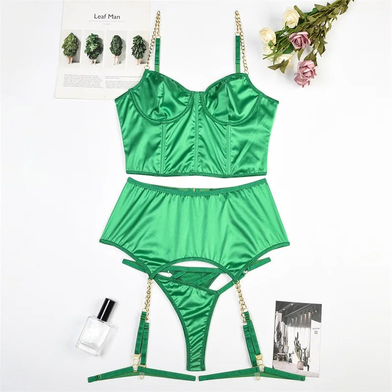 Green Satin 3 Piece Lingerie Set  Fall Collection 2023 – Anissa Atelier