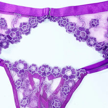 Load image into Gallery viewer, Purple floral garter Queen lingerie set
