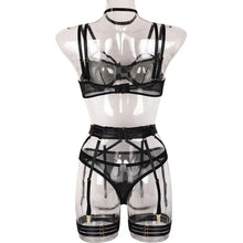 Charger l&#39;image dans la galerie, See-Through Thin Sexy Lingerie Underwire Gather Bra Garter Belt Thong Set
