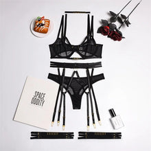 Load image into Gallery viewer, See-Through Thin Sexy Lingerie Underwire Gather Bra Garter Belt Thong Set
