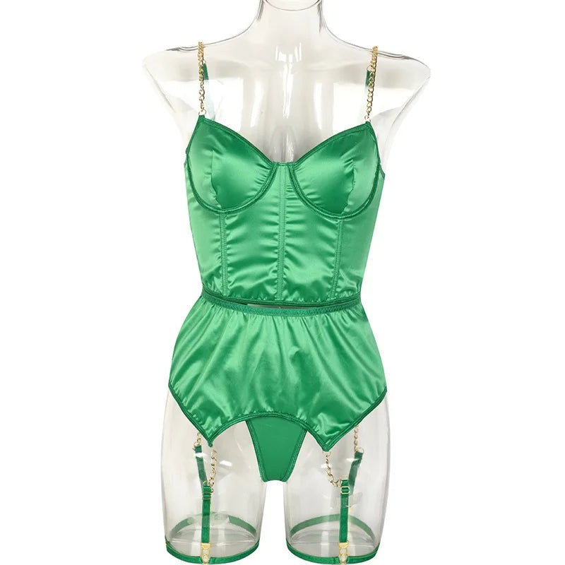 Green Satin 3 Piece Lingerie Set  Fall Collection 2023 – Anissa Atelier