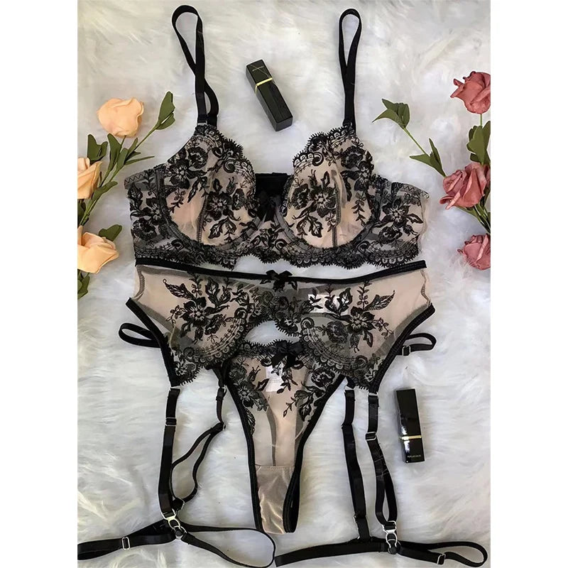 Nude Lace Mesh Perspective Embroidered Lingerie Set