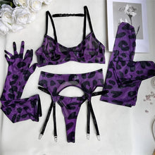 Charger l&#39;image dans la galerie, Thin Mesh Perspective Erotic Lingerie Leopard patterned Underwire Bra Set with Gloves and Leg Socks Set
