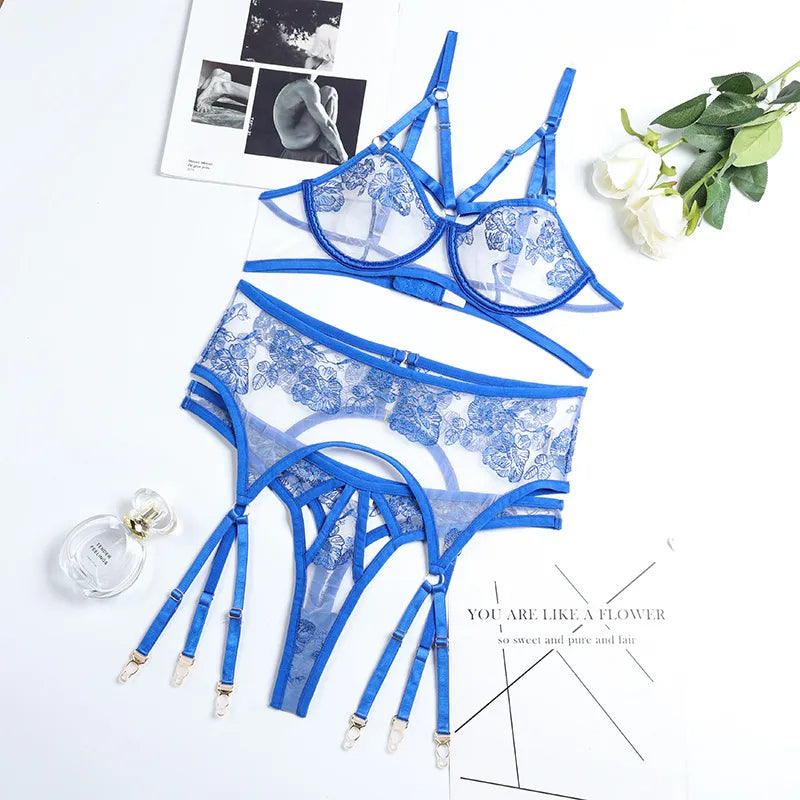 Ultra-thin Underwear Bra and Panty with Garter Sexy Lingerie Women Lace  Underwire See Through Bras 3pcs Set Embroidery Mesh