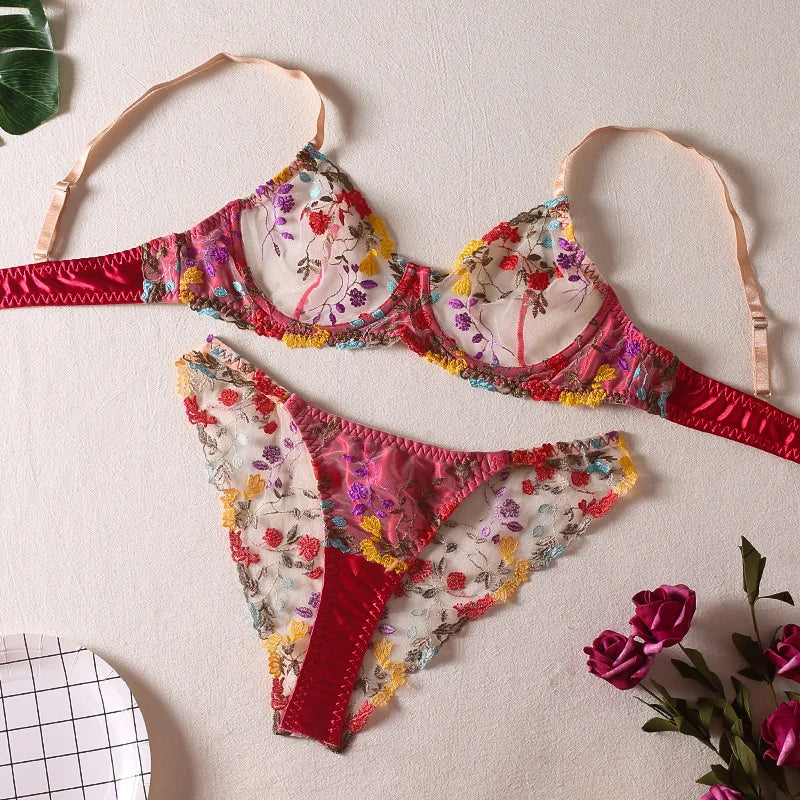 Plus Rose Embroidery Bra & Panties Lingerie Set