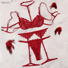 Load image into Gallery viewer, Red Floral Lace Garter Lingerie Set With Choker
