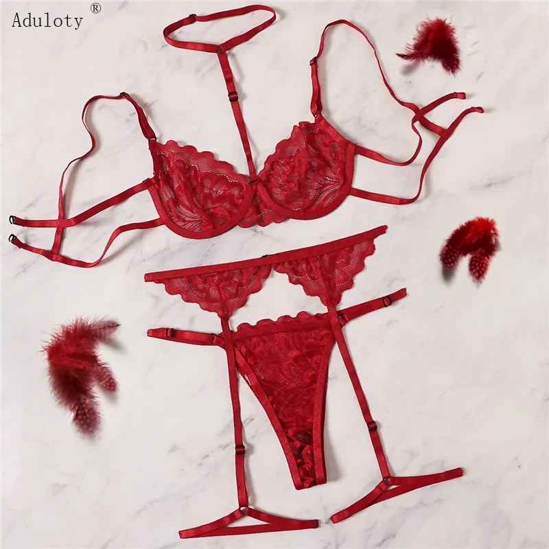 Red Floral Lace Garter Lingerie Set With Choker