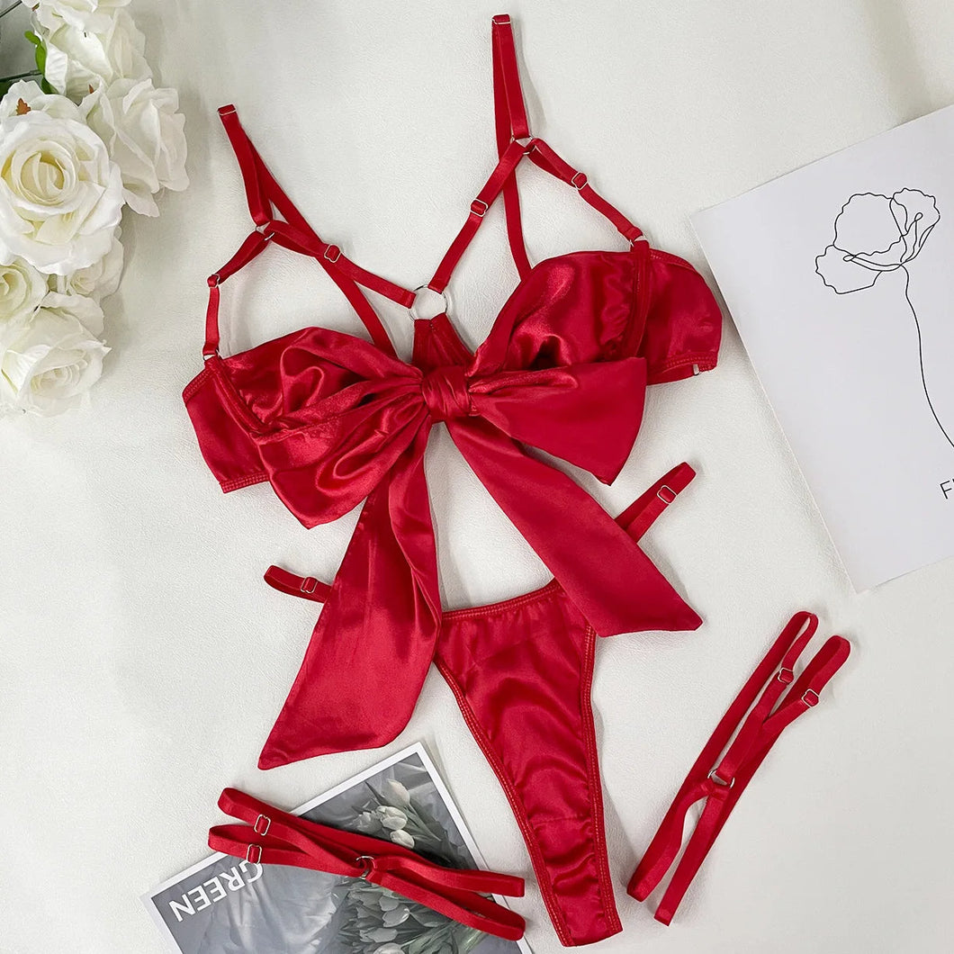 Bowknot Lingerie Open Bra Up Sexy Underwear 3-Piece Satin Anissa Atelier