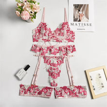 Load image into Gallery viewer, Flower Embroidery Bra Thin Lace Mesh Perspective Underwear Garter Thong Three-Piece Set
