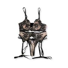 Load image into Gallery viewer, Nude Lace Mesh Perspective Embroidered Lingerie Set
