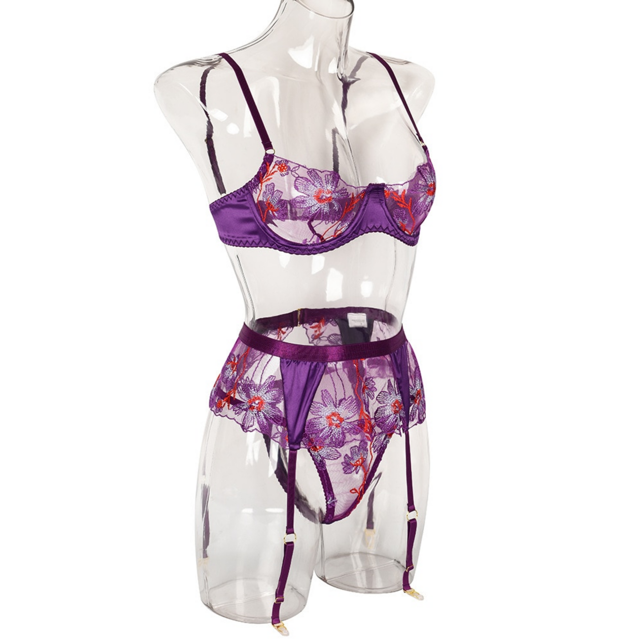 Women's Purple Sexy Lingerie Lace Embroidery Flower Bra Set Sexy Lingerie  Set with Garter Belt