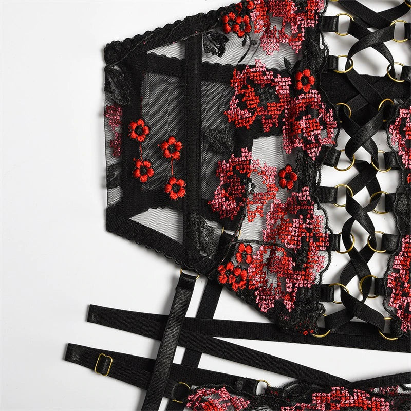 Aboser Lace Up Black Corset Lingerie Set for Women Jacquard