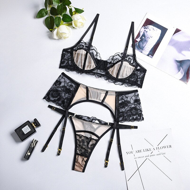 Lace Mesh Black Flower Embroidery Nude Ultrathin Underwear Underwire Garter  Gather Together Bra Sexy Lingerie Set 