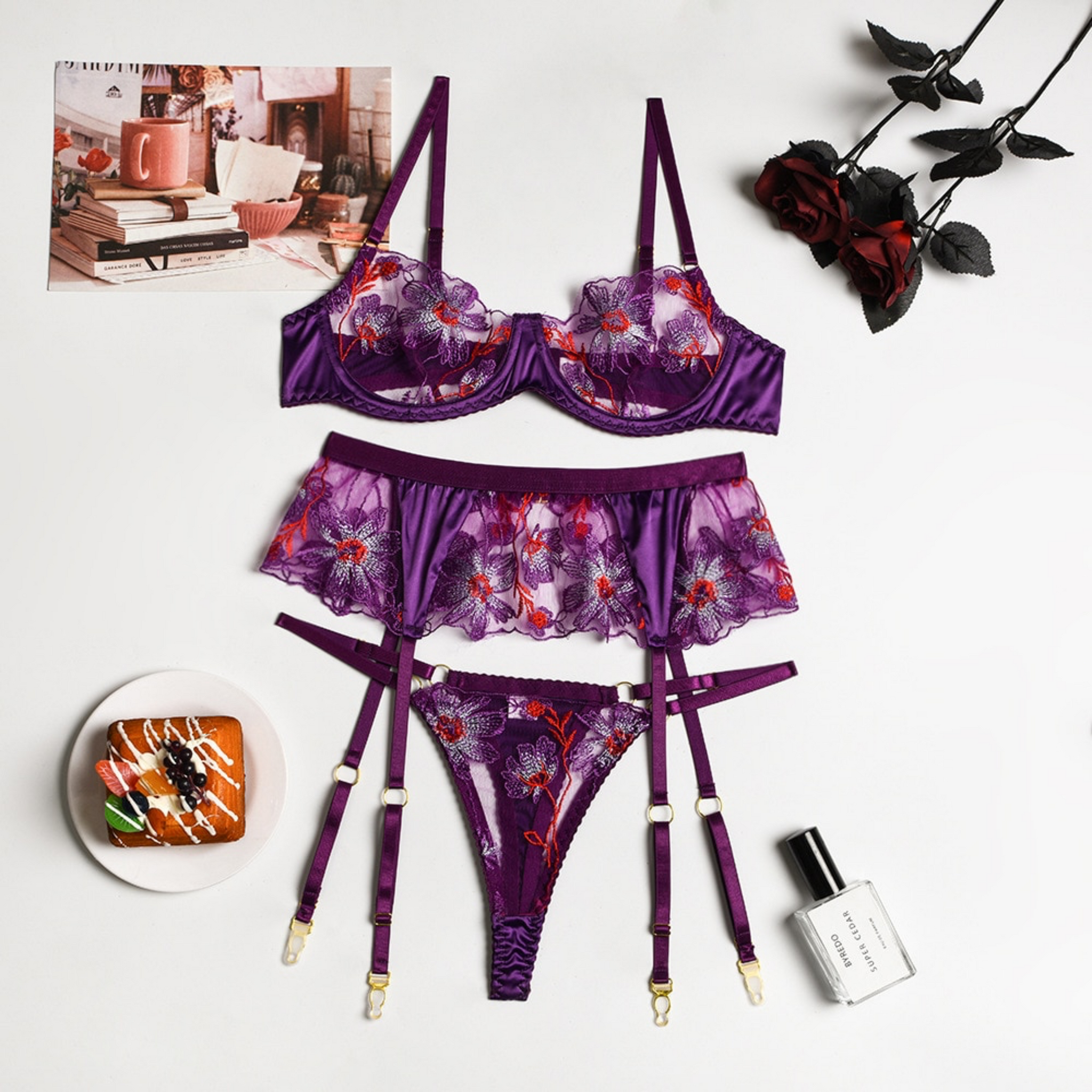 Purple Lingerie Set Sensual Lace Underwear Transparent Embroidery