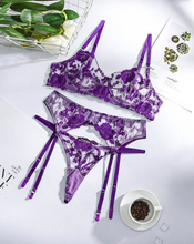 Load image into Gallery viewer, Lace Embroidered Sexy Lingerie Underwire Bra Thin See-Through Three-Piece Set - Anissa Atelier
