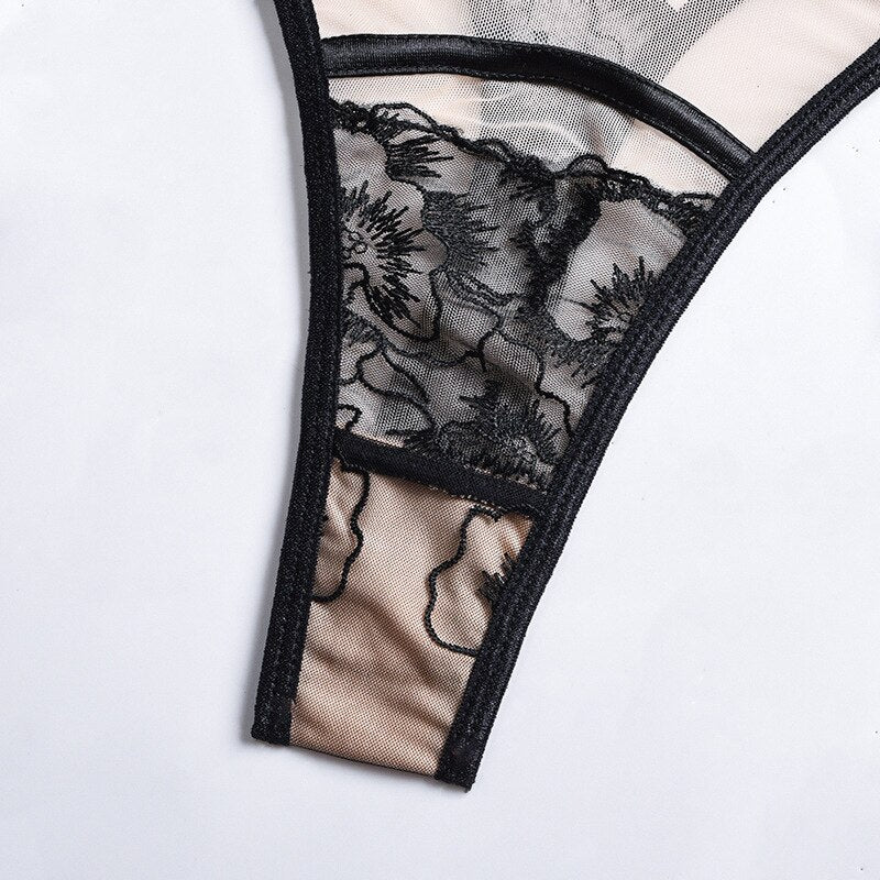 Fashion Beautiful back Bra Set Embroidery Lingerie Lace Black Velvet  Brassiere Wire Free Thin Women Underwear